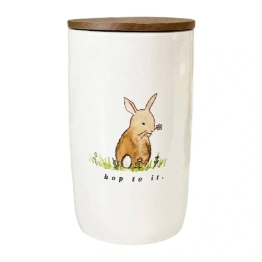 NEW Rae Dunn HOP TO IT 🐇🐇Canister w/Wooden Lid